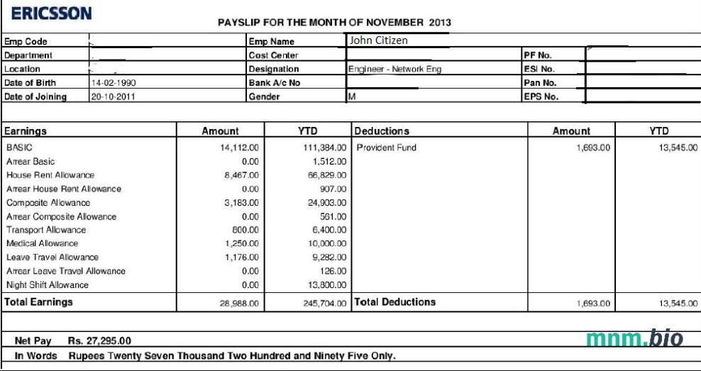 ERICSSON networking and telecommunications company paystub w formatach Word i PDF